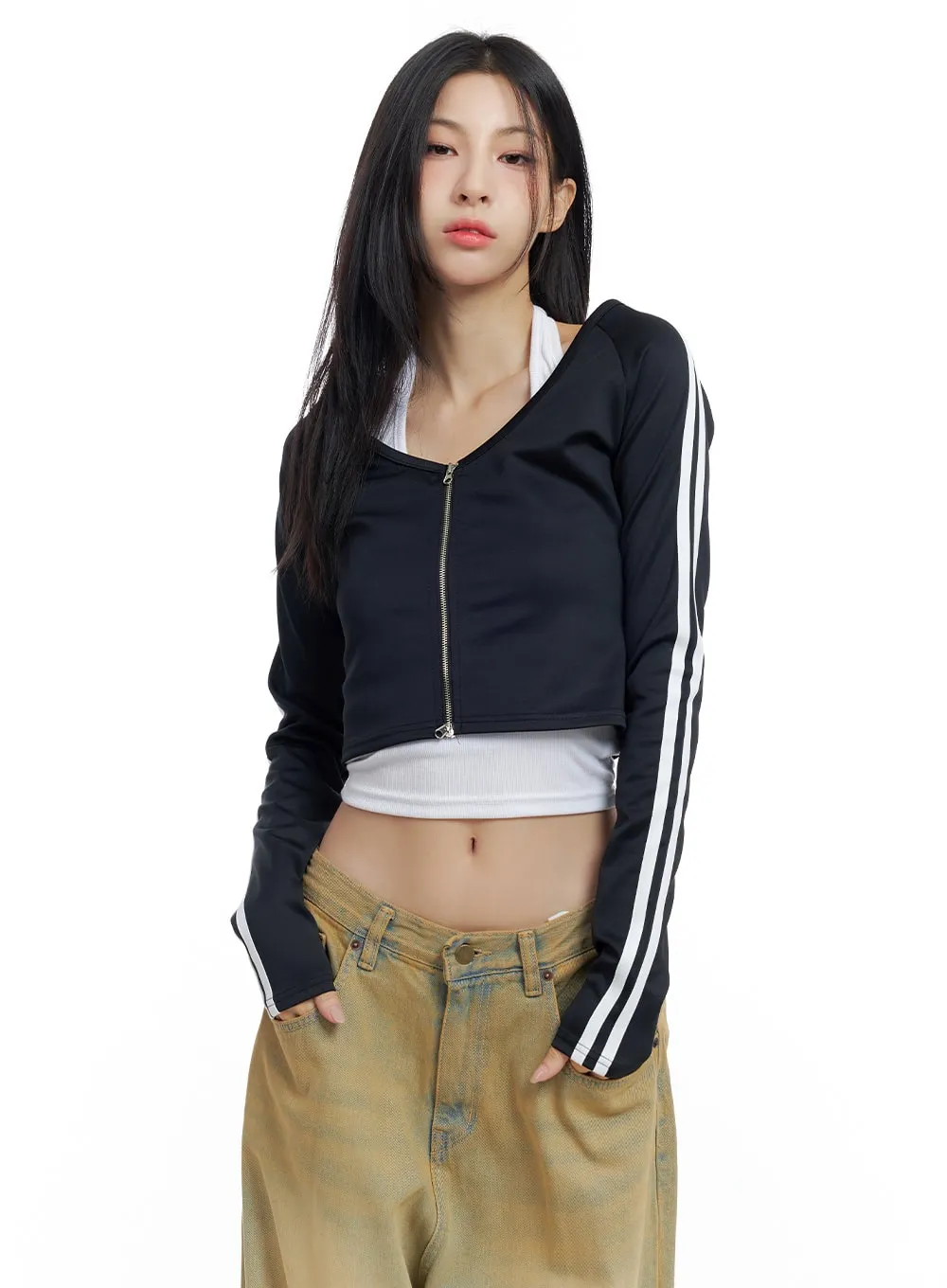 V-Neck Zippered Sporty Crop Track Top CO425 sold by Lewkin