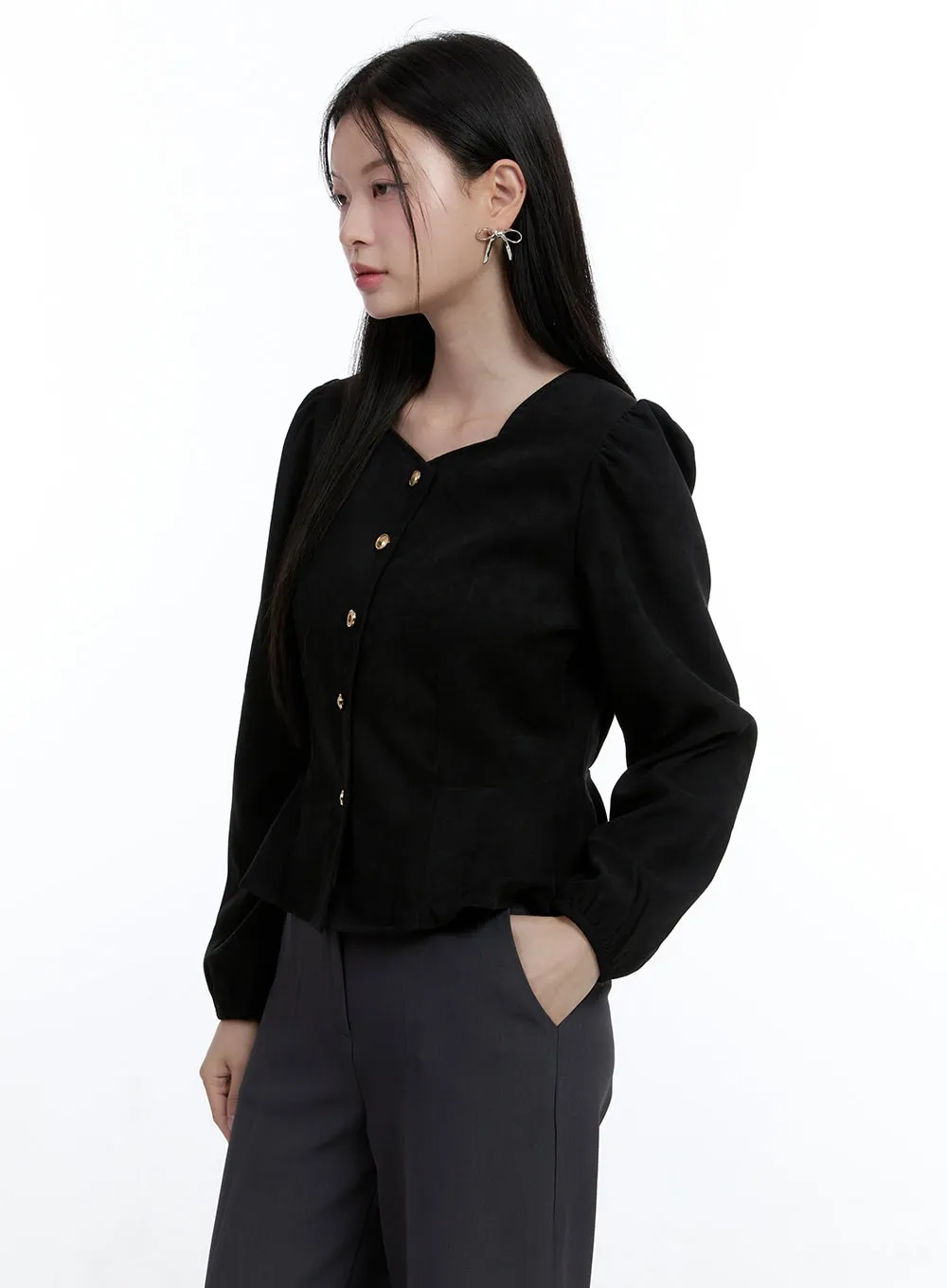 Solid Puff-Sleeve Blouse OO429 sold by Lewkin product image thumbnail 5