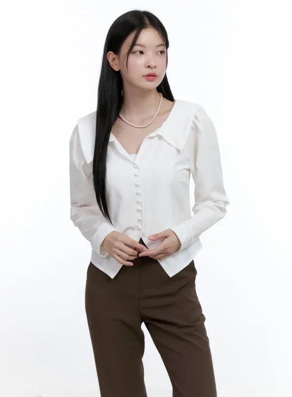 Slit-Collar Buttoned Blouse OO429 sold by Lewkin