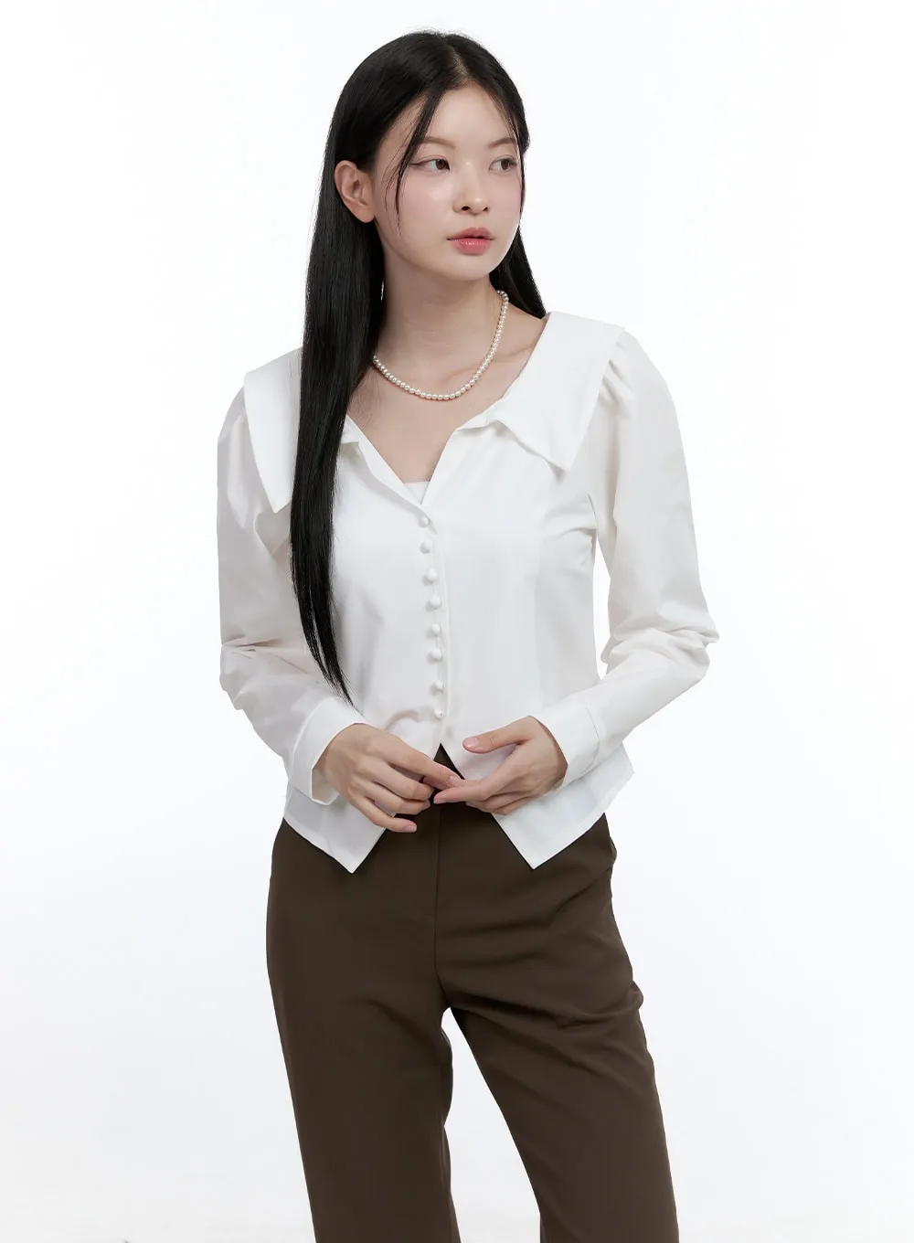 Slit-Collar Buttoned Blouse OO429 sold by Lewkin