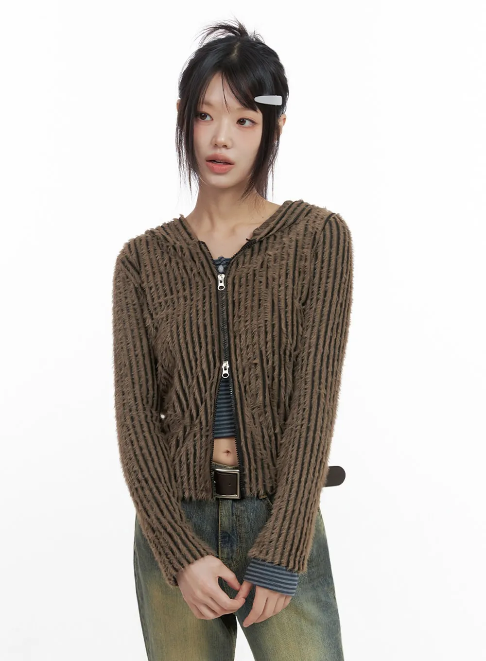 Striped Zip-Up Hooded Cardigan IO430 sold by Lewkin product image thumbnail 5