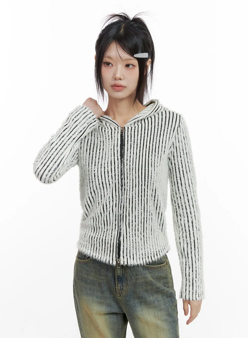 Striped Zip-Up Hooded Cardigan IO430 sold by Lewkin product image thumbnail 3