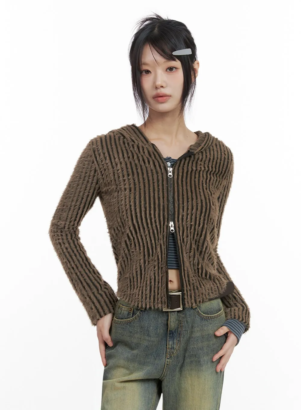 Striped Zip-Up Hooded Cardigan IO430 sold by Lewkin product image thumbnail 4