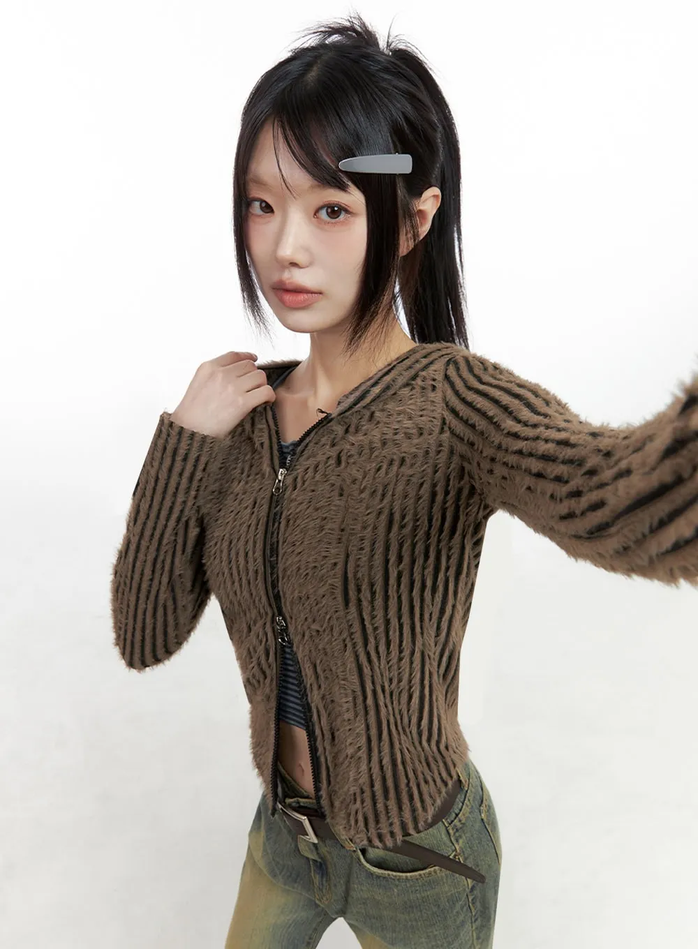 Striped Zip-Up Hooded Cardigan IO430 sold by Lewkin