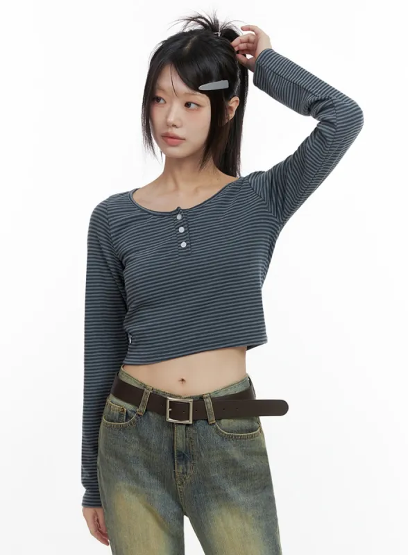 Stripe Buttoned Long-Sleeve Crop Top IO430 sold by Lewkin