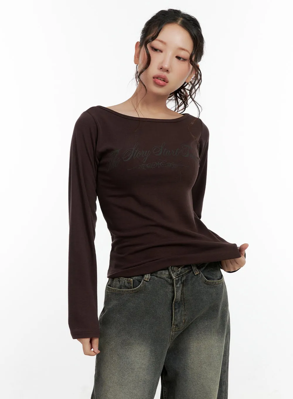 Printed Boat Neck Long Sleeve Shirt CN404 sold by Lewkin