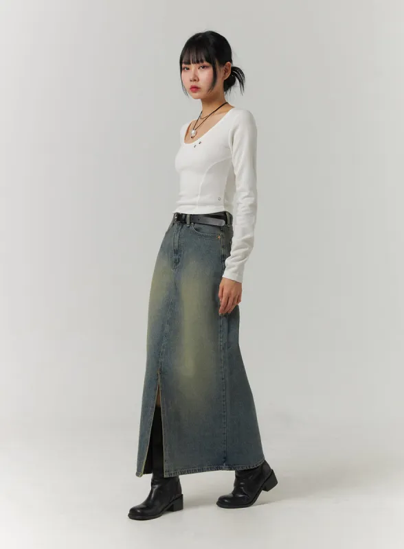 Washed Denim Maxi Skirt CJ422 sold by Lewkin