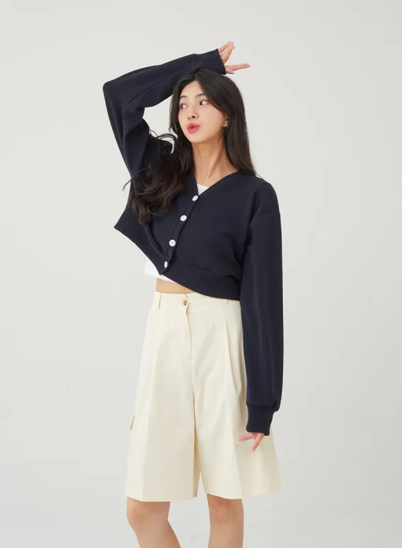 Cropped Sweatshirt Cardigan with Button BG22 sold by Lewkin