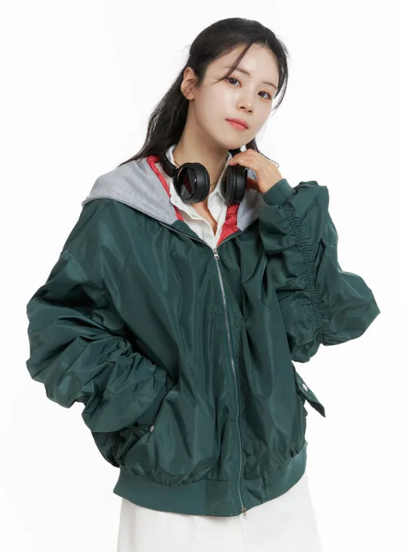 Contrasting Hoodie Bomber Jacket OM418 sold by Lewkin