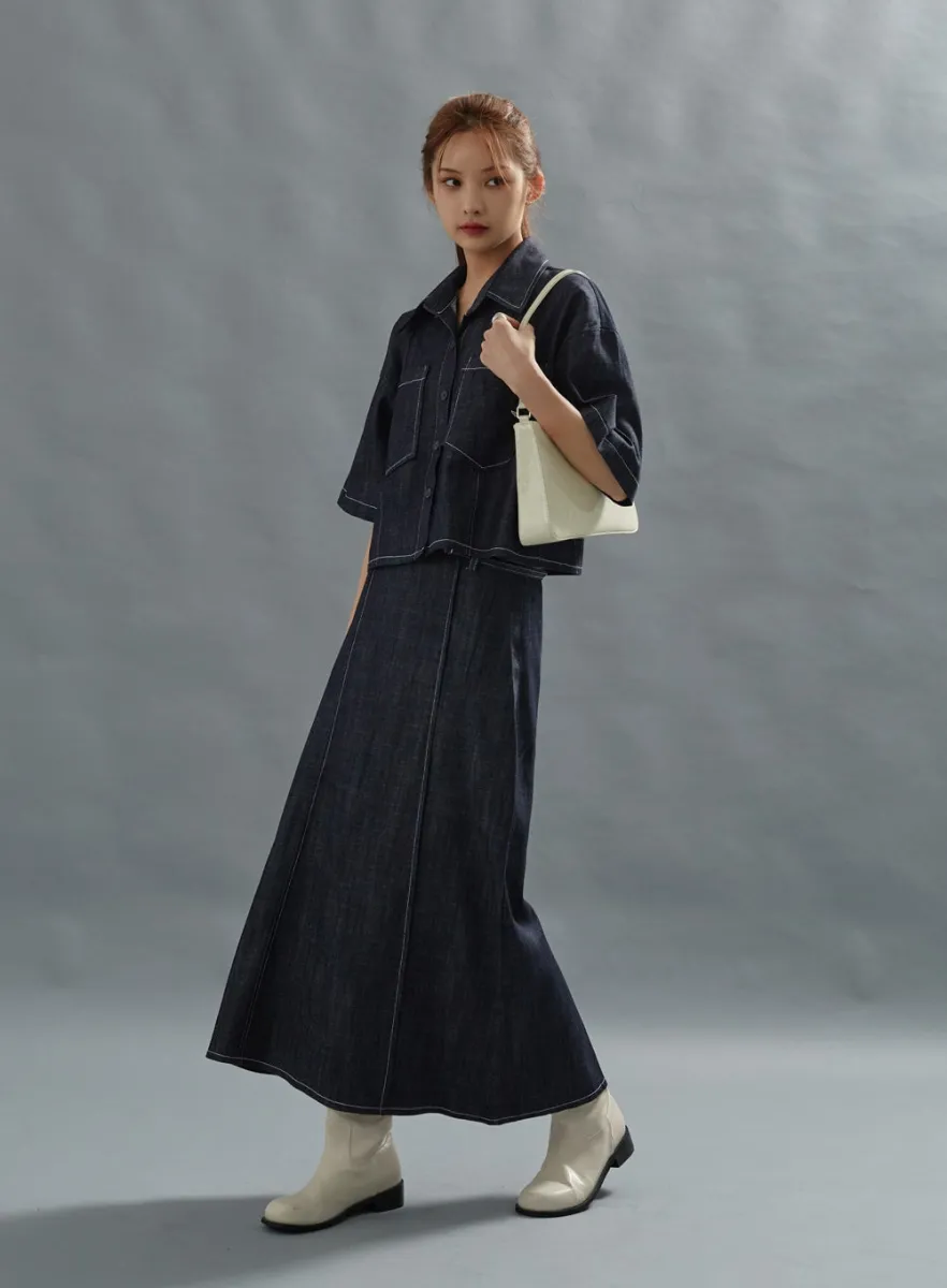 Stich Denim Long Skirt With Belt Set CG01 sold by Lewkin