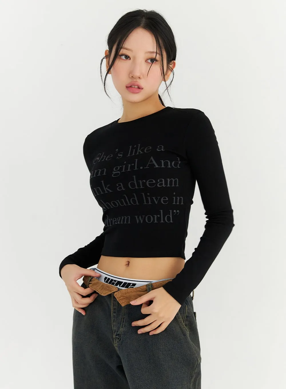 Lettering Long Sleeve Crop Tee CN303 sold by Lewkin