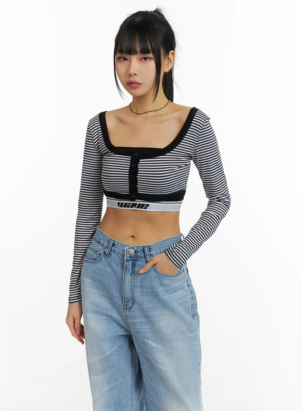 Round Neck Striped Long Sleeve Crop Top CM407 sold by Lewkin
