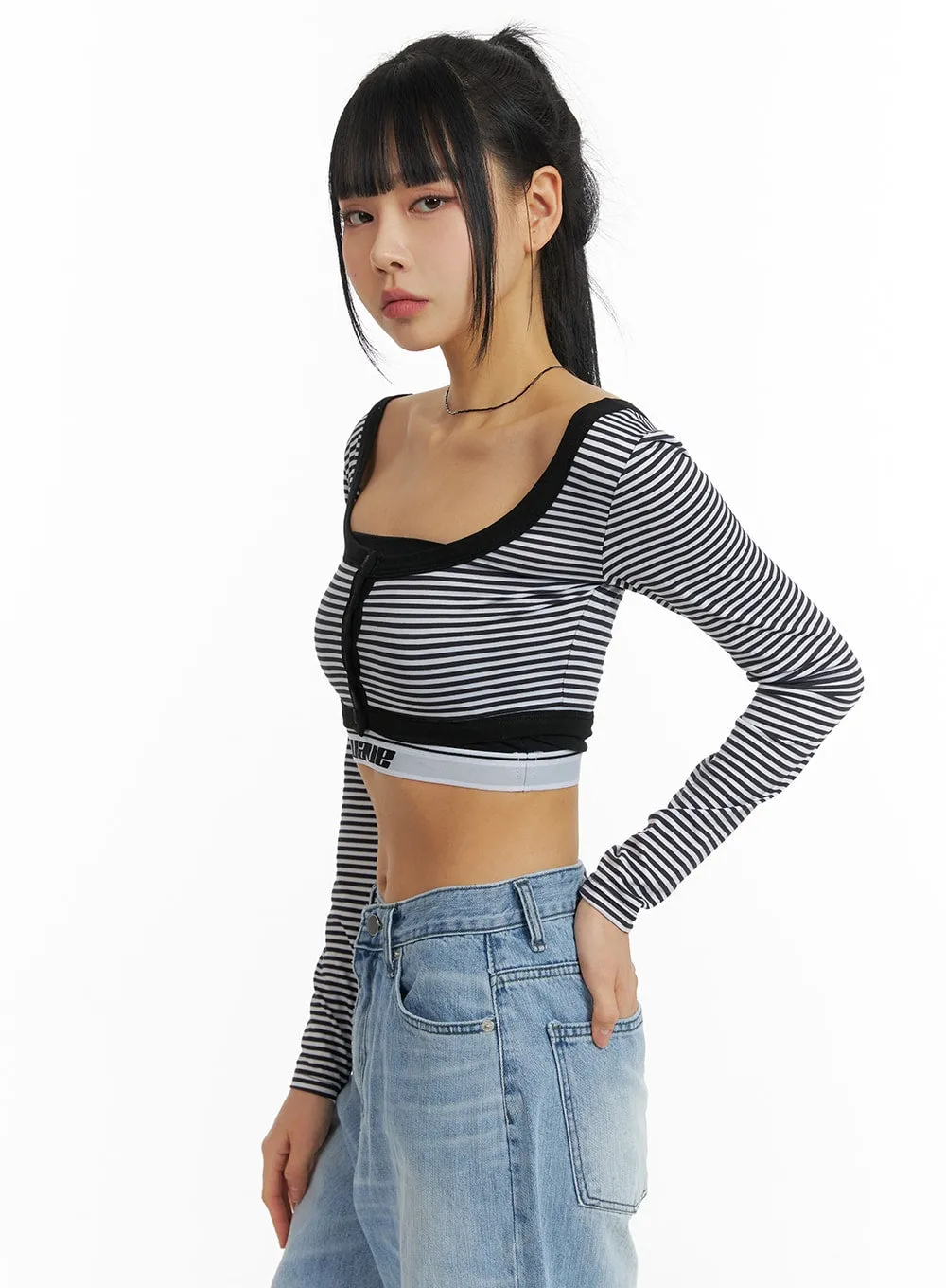 Round Neck Striped Long Sleeve Crop Top CM407 sold by Lewkin product image thumbnail 3