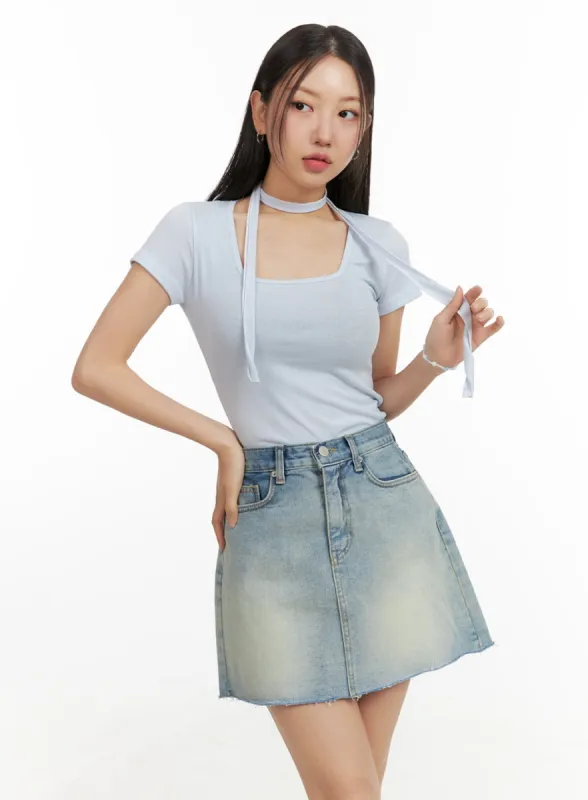 Square Neck Slim Fit Tee with Scarf OU407 sold by Lewkin