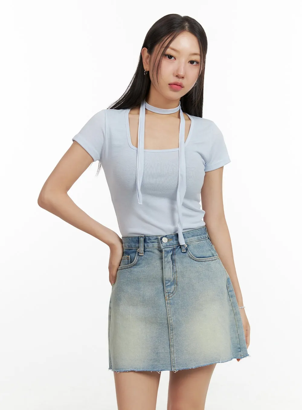 Square Neck Slim Fit Tee with Scarf OU407 sold by Lewkin product image thumbnail 5