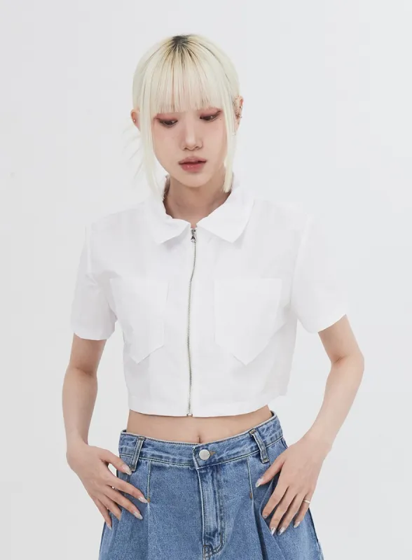 Zip-Up Cropped Shirt IU313 sold by Lewkin