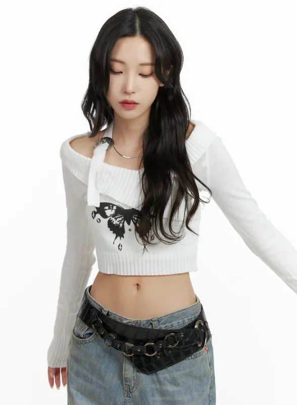 Off Shoulder Buckle Halter Crop Sweater CF415 sold by Lewkin