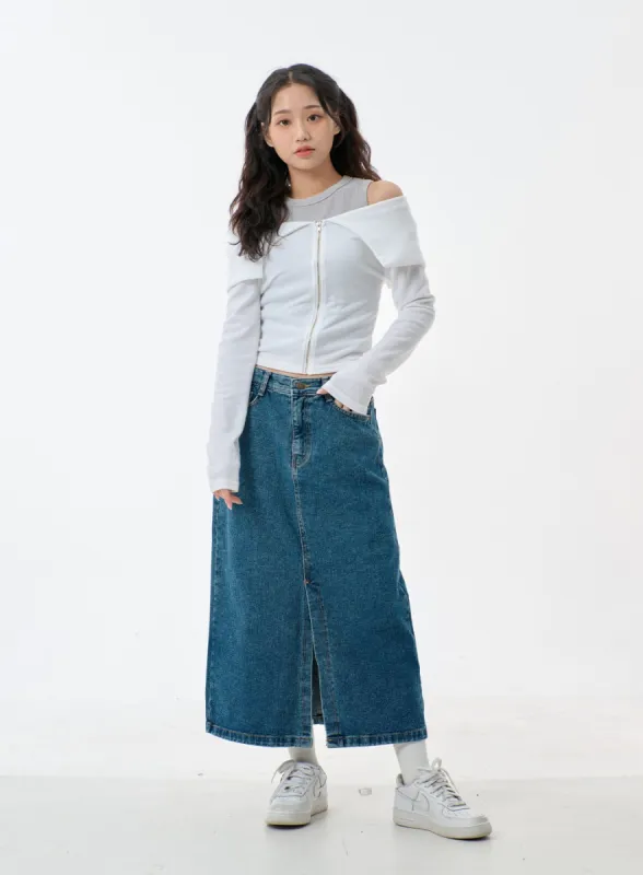 Mid-Wash Front Slit Denim Maxi Skirt BJ327 sold by Lewkin