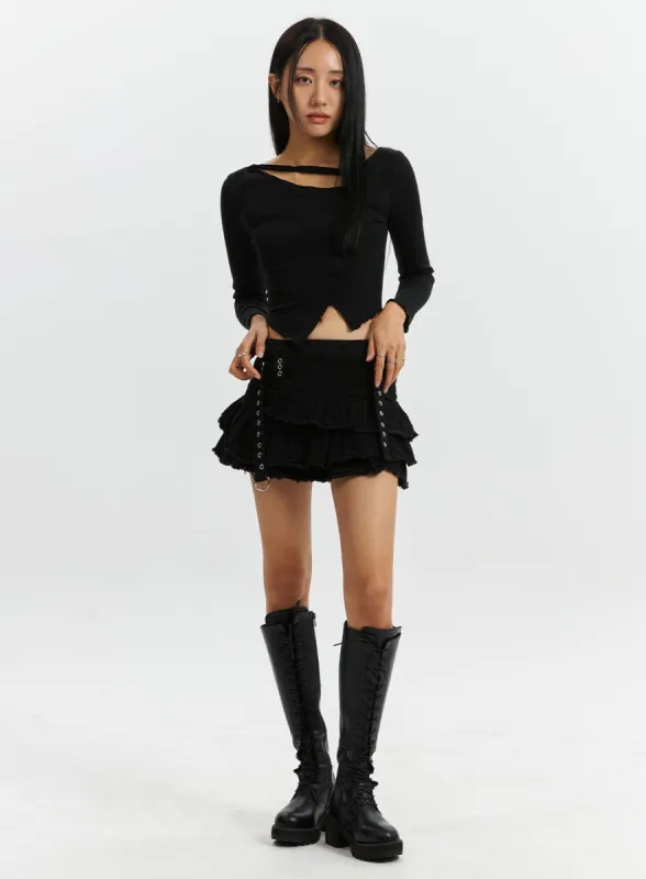 Distressed Denim Belted Mini Skirt CD320 sold by Lewkin