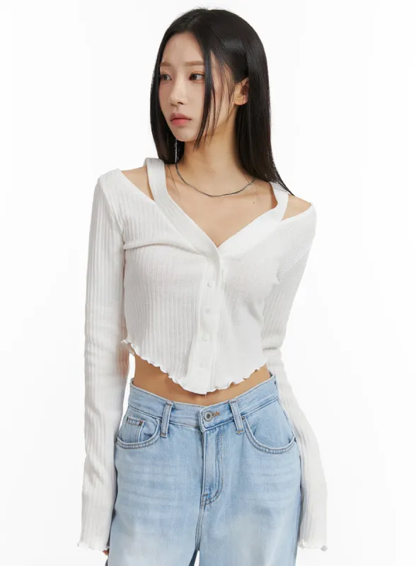 Cut Out Buttoned Long Sleeve Crop Top CJ408 sold by Lewkin
