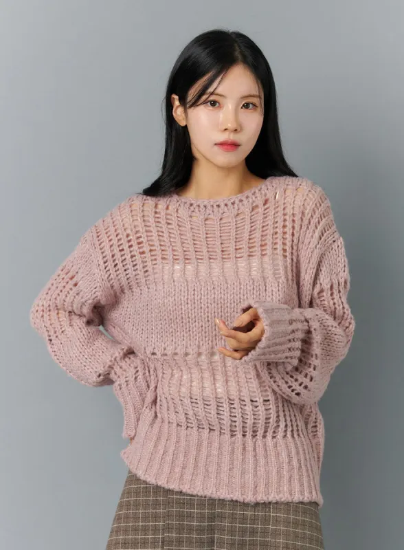 Boat Neck Mesh Knit Sweater ON324 sold by Lewkin