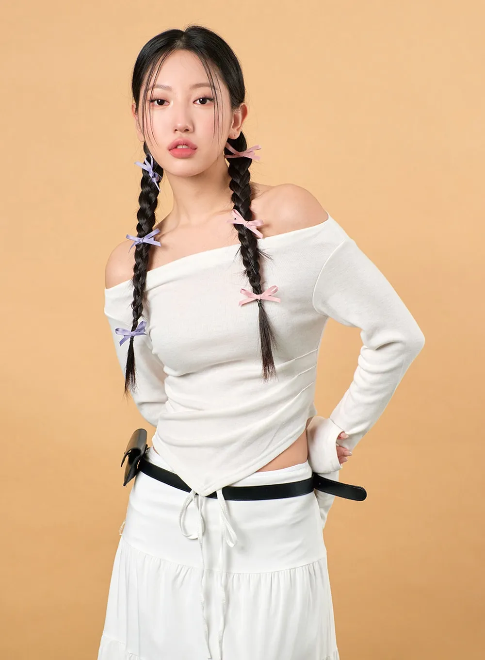 Solid Off-Shoulder Long Sleeve Top IJ430 sold by Lewkin product image thumbnail 2