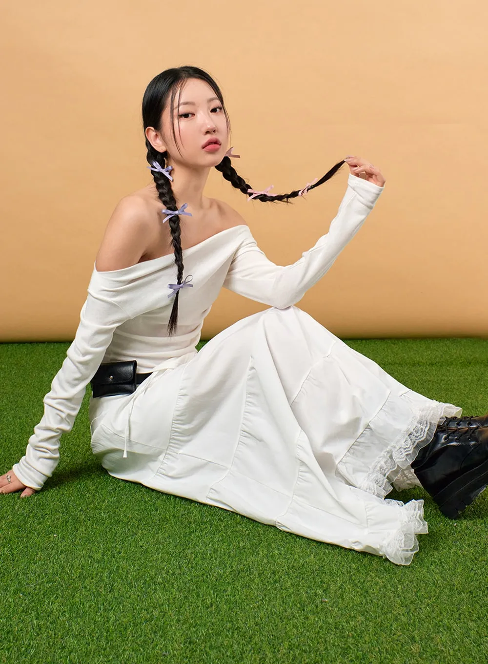 Solid Off-Shoulder Long Sleeve Top IJ430 sold by Lewkin