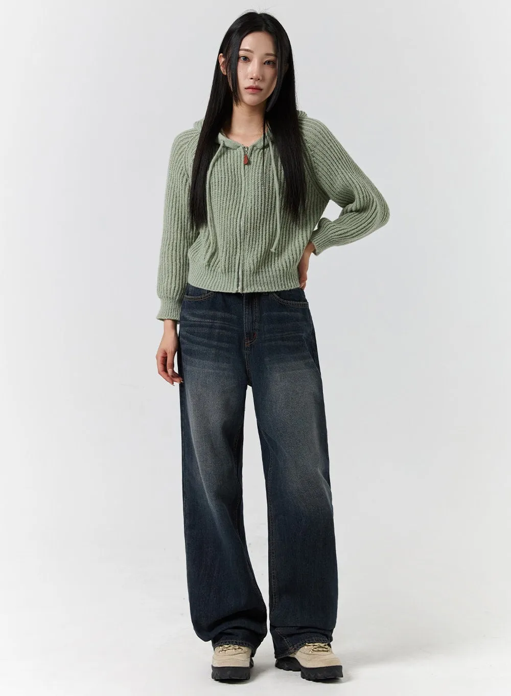 Washed Denim Mid-Waist Wide Leg Jeans CD322 sold by Lewkin