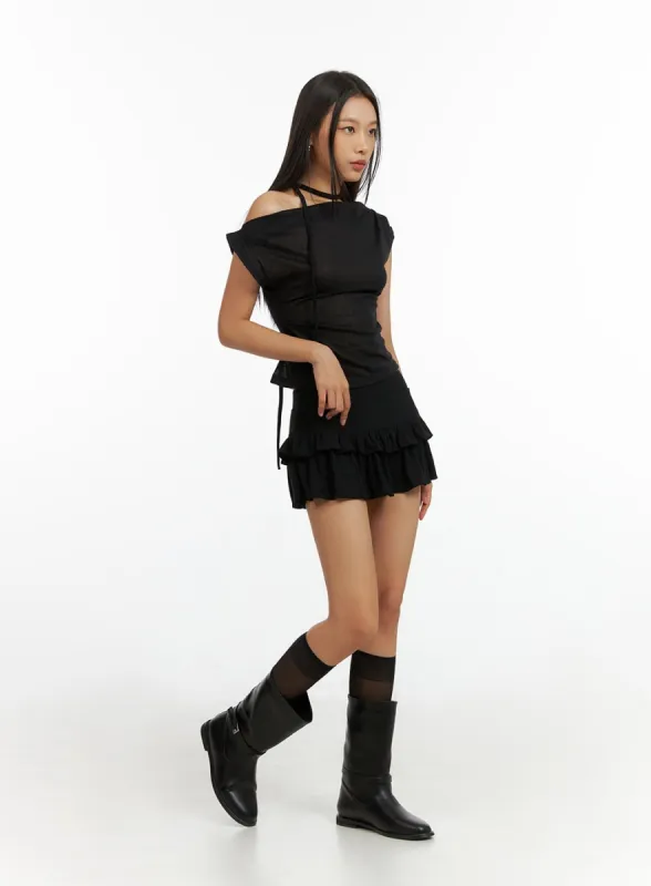 Solid Frill Band Mini Skirt IL409 sold by Lewkin