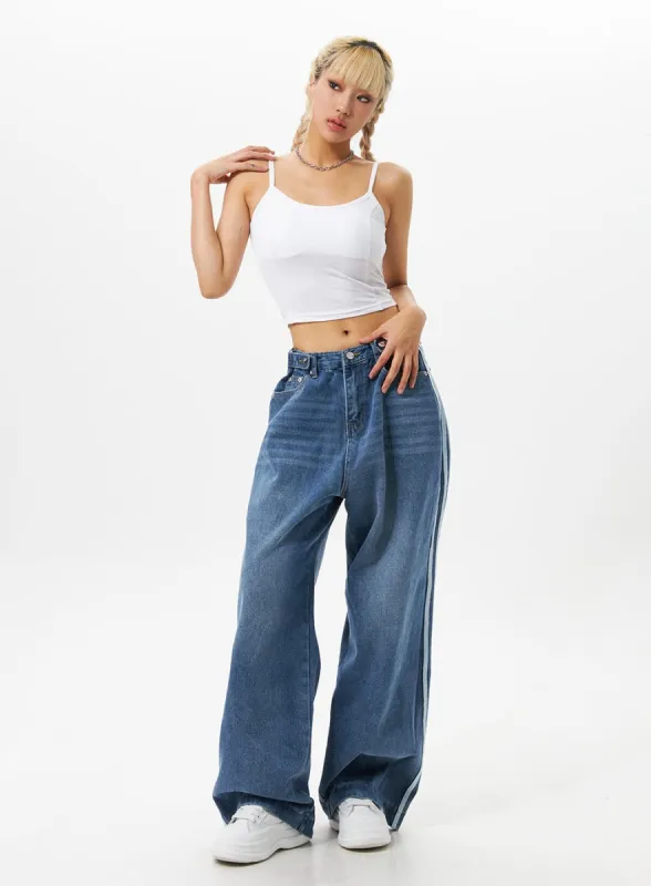 Side Stripe Wash Wide Leg Jeans IO326 sold by Lewkin