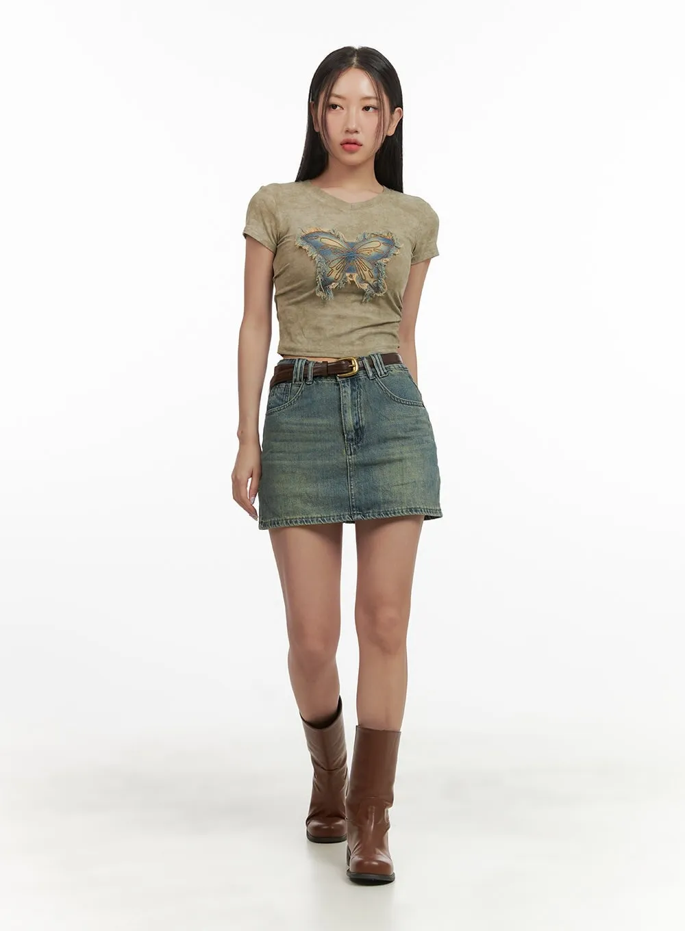 Vintage Washed Denim Mini Skirt with Belt CY420 sold by Lewkin product image thumbnail 2
