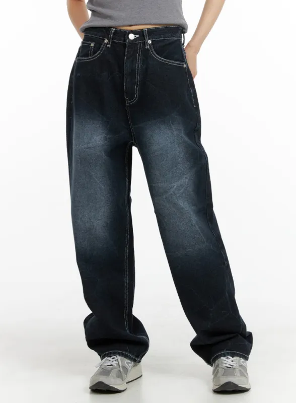 Graphic Lettering Dark Washed Baggy Jeans CM412 sold by Lewkin