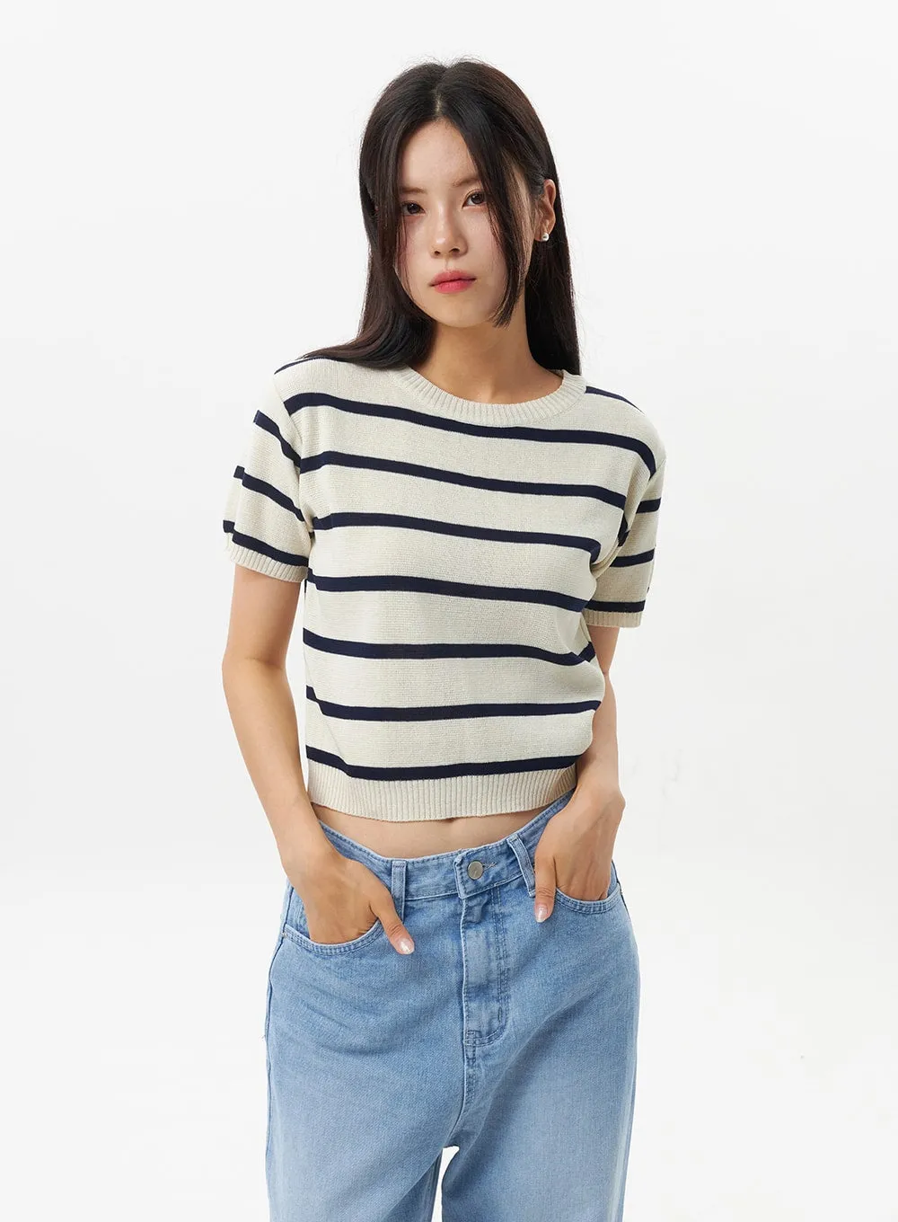 Short Sleeve Stripe Sweater OU326 sold by Lewkin product image thumbnail 4