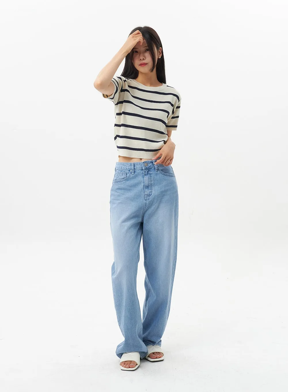 Short Sleeve Stripe Sweater OU326 sold by Lewkin product image thumbnail 2