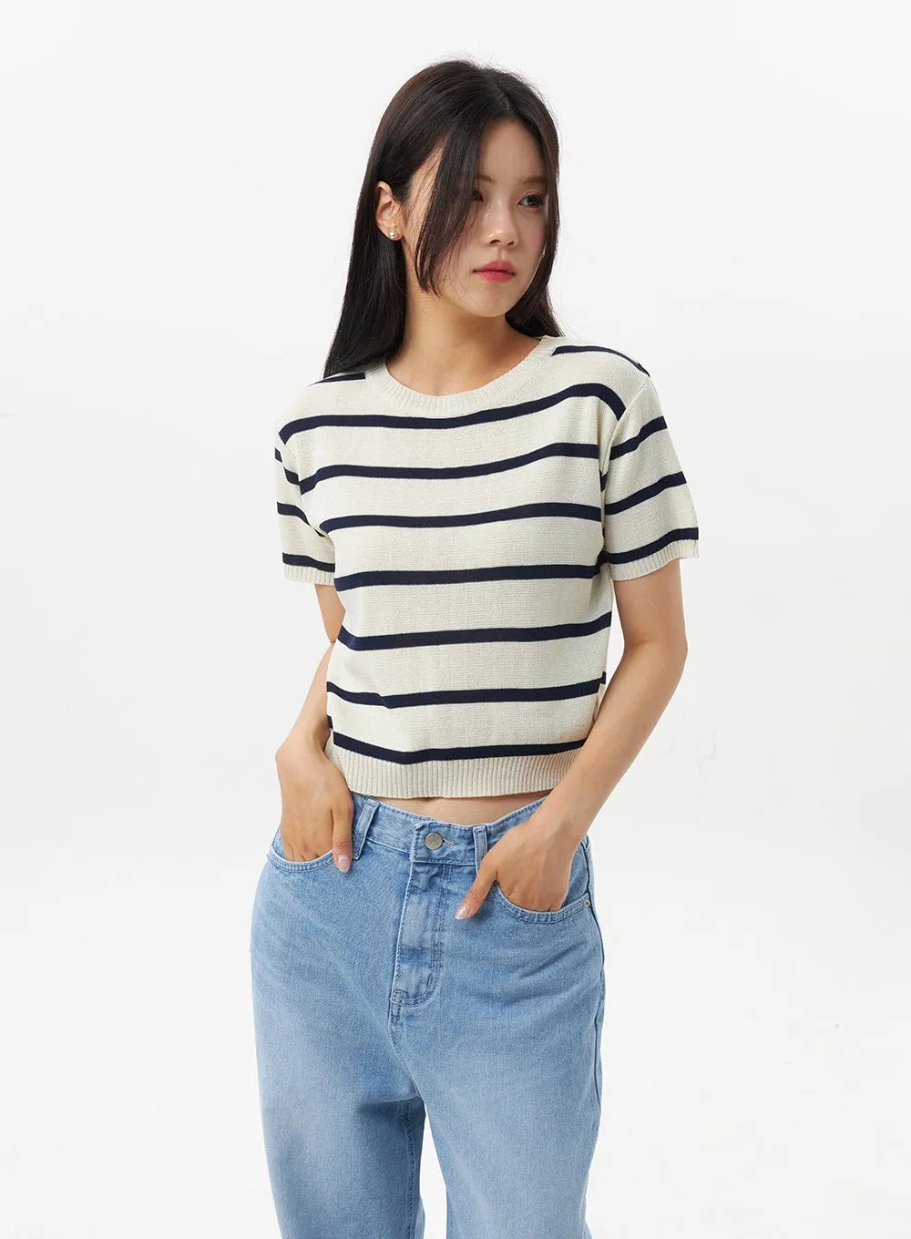 Short Sleeve Stripe Sweater OU326 sold by Lewkin