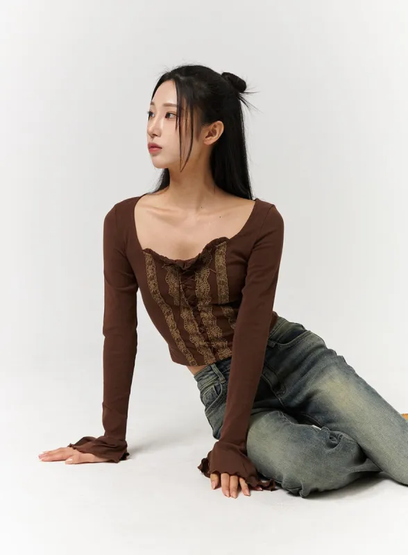 Round Neck Solid Lace Corset Long Sleeve CD322 sold by Lewkin
