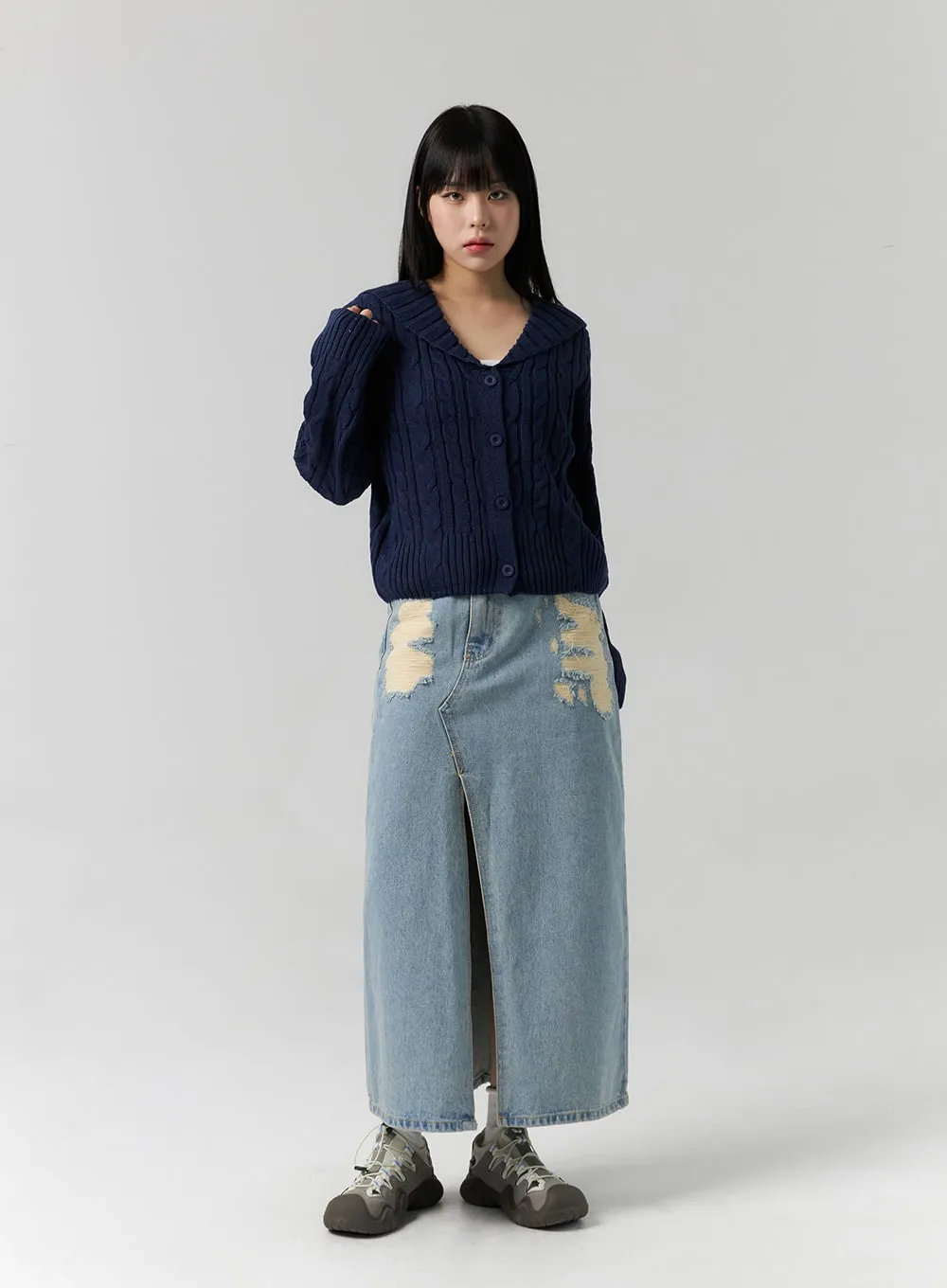 Front Slit Denim Maxi Skirt CS314 sold by Lewkin product image thumbnail 4