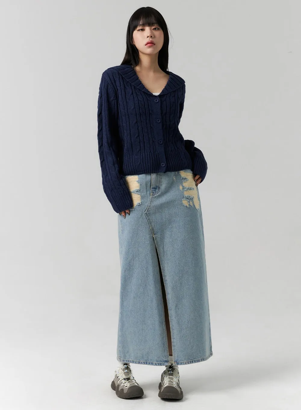 Front Slit Denim Maxi Skirt CS314 sold by Lewkin