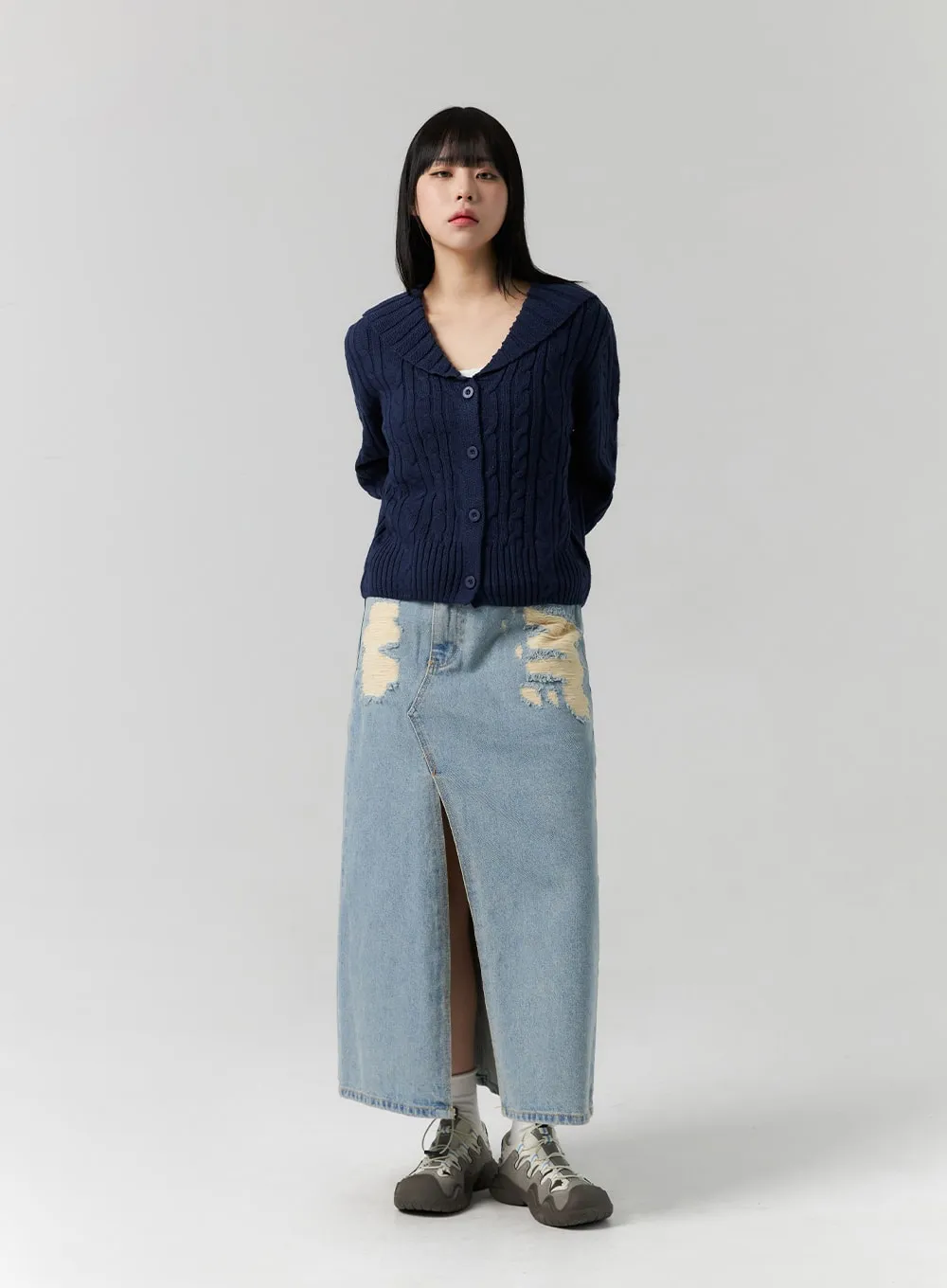 Front Slit Denim Maxi Skirt CS314 sold by Lewkin product image thumbnail 3