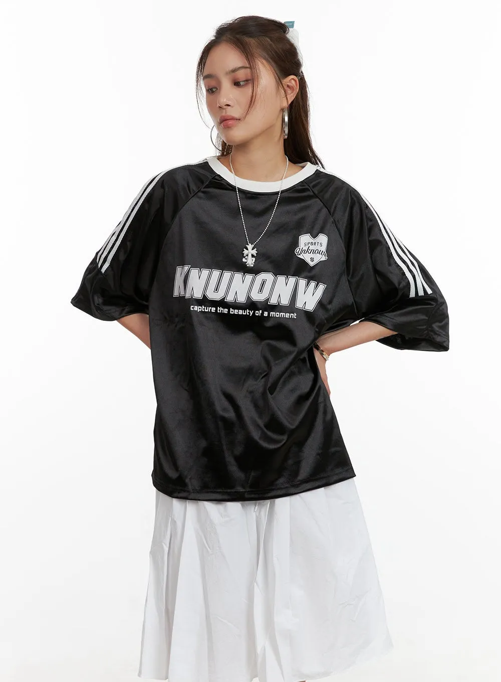 Metallic Round Neck Oversized Tee CY431 sold by Lewkin