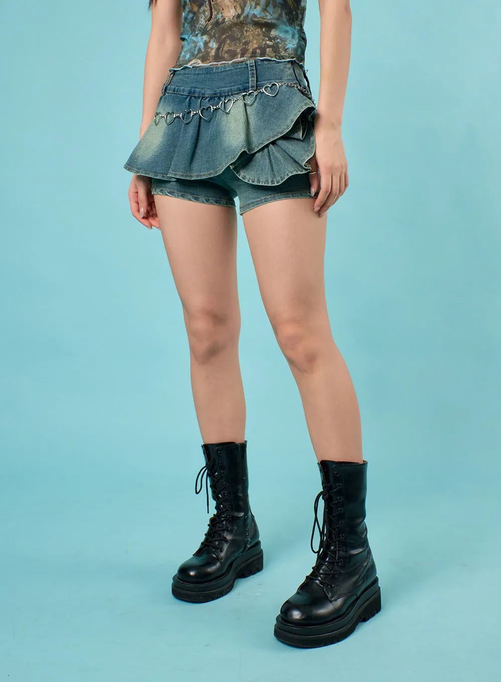 Pleated Denim Mini Skort IJ430 sold by Lewkin product image thumbnail 2