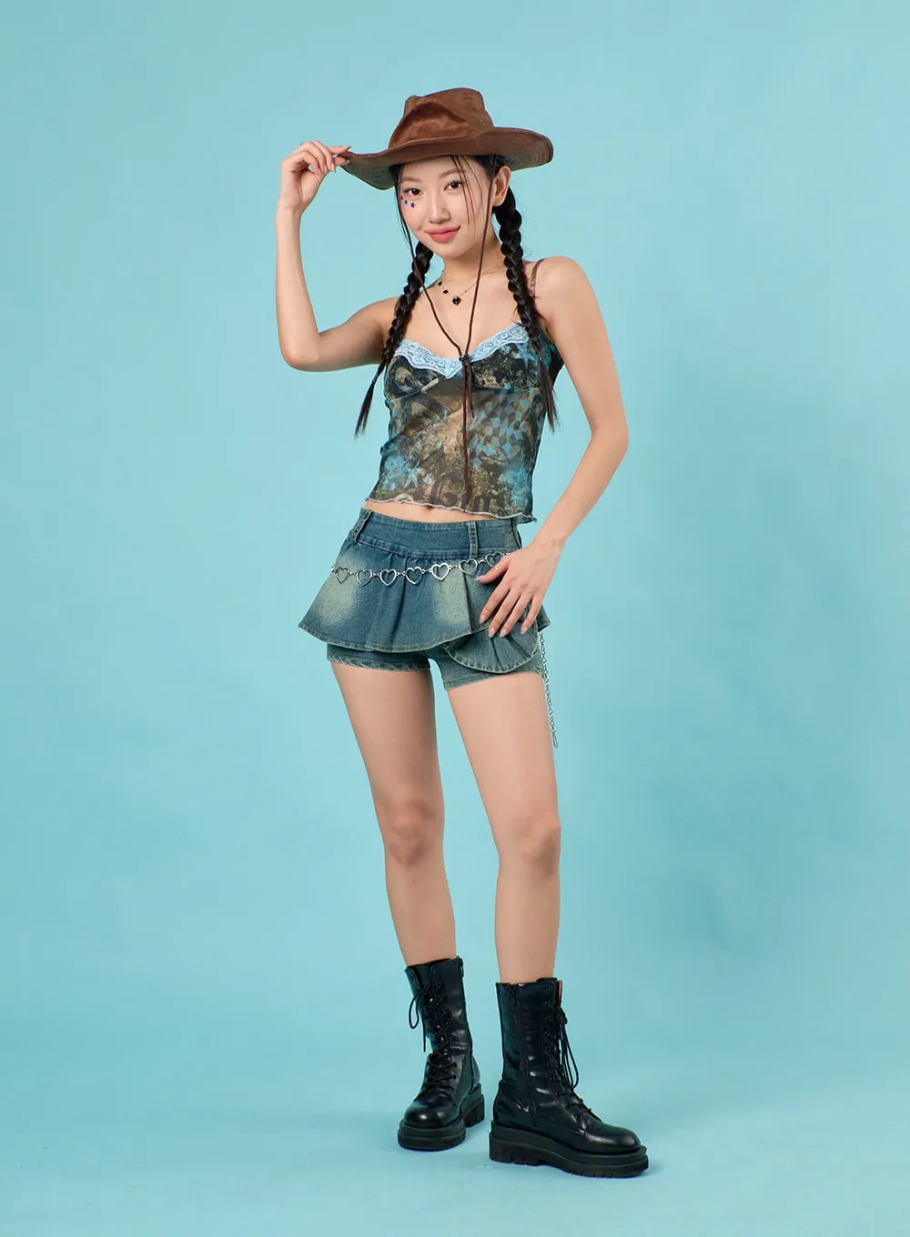 Pleated Denim Mini Skort IJ430 sold by Lewkin