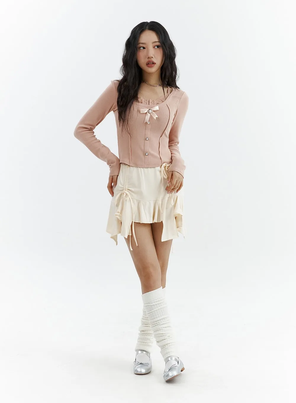 Ribbon Ruffle High Waist Mini Skirt CJ425 sold by Lewkin