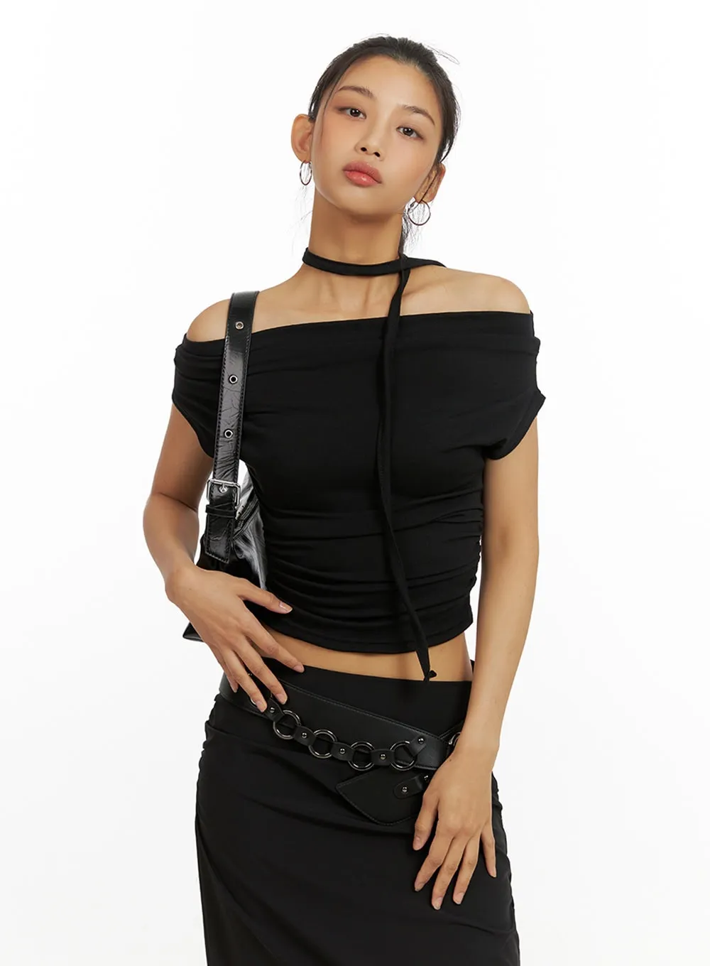 Shirred Off Shoulder Crop Top with Thin Scarf Set IU412 sold by Lewkin product image thumbnail 4