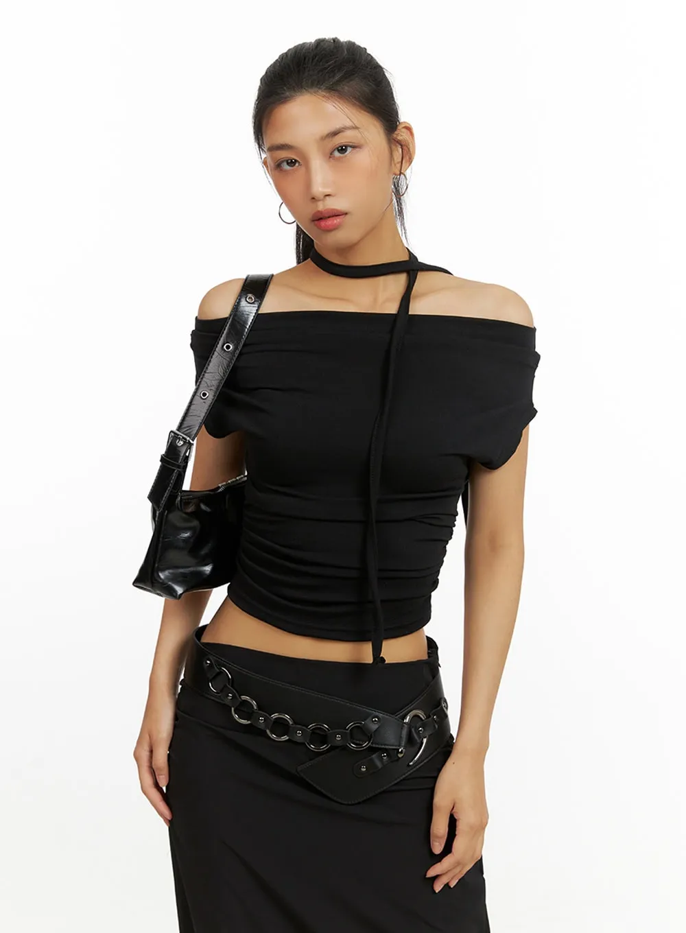 Shirred Off Shoulder Crop Top with Thin Scarf Set IU412 sold by Lewkin