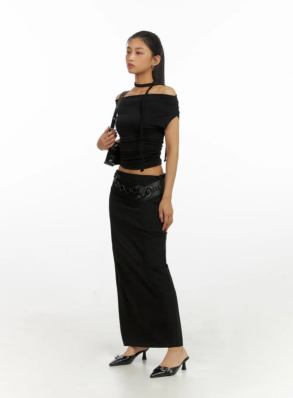 Shirred Off Shoulder Crop Top with Thin Scarf Set IU412 sold by Lewkin product image thumbnail 2