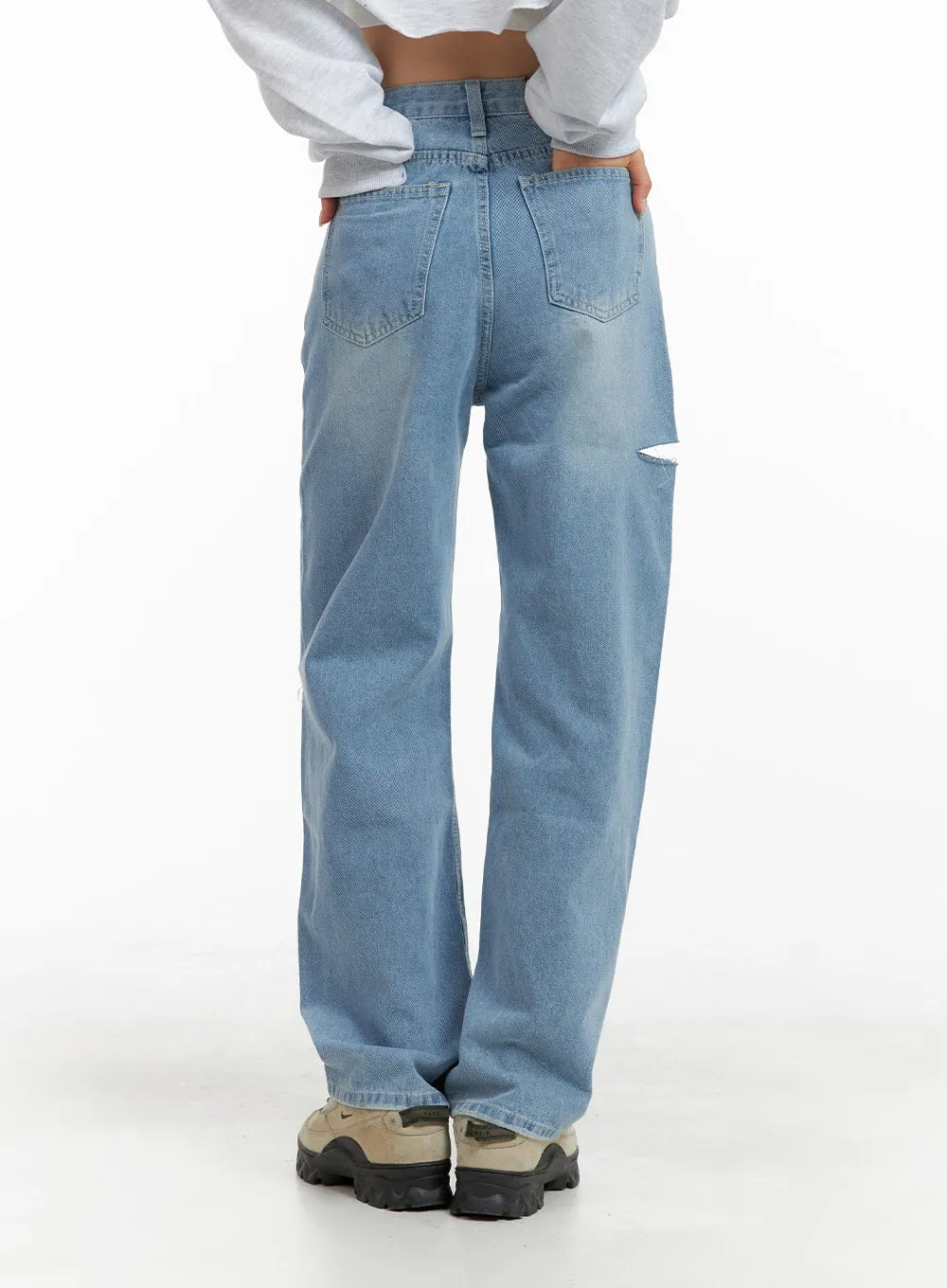 Cut Out Washed Straight Jeans OM421 sold by Lewkin product image thumbnail 4
