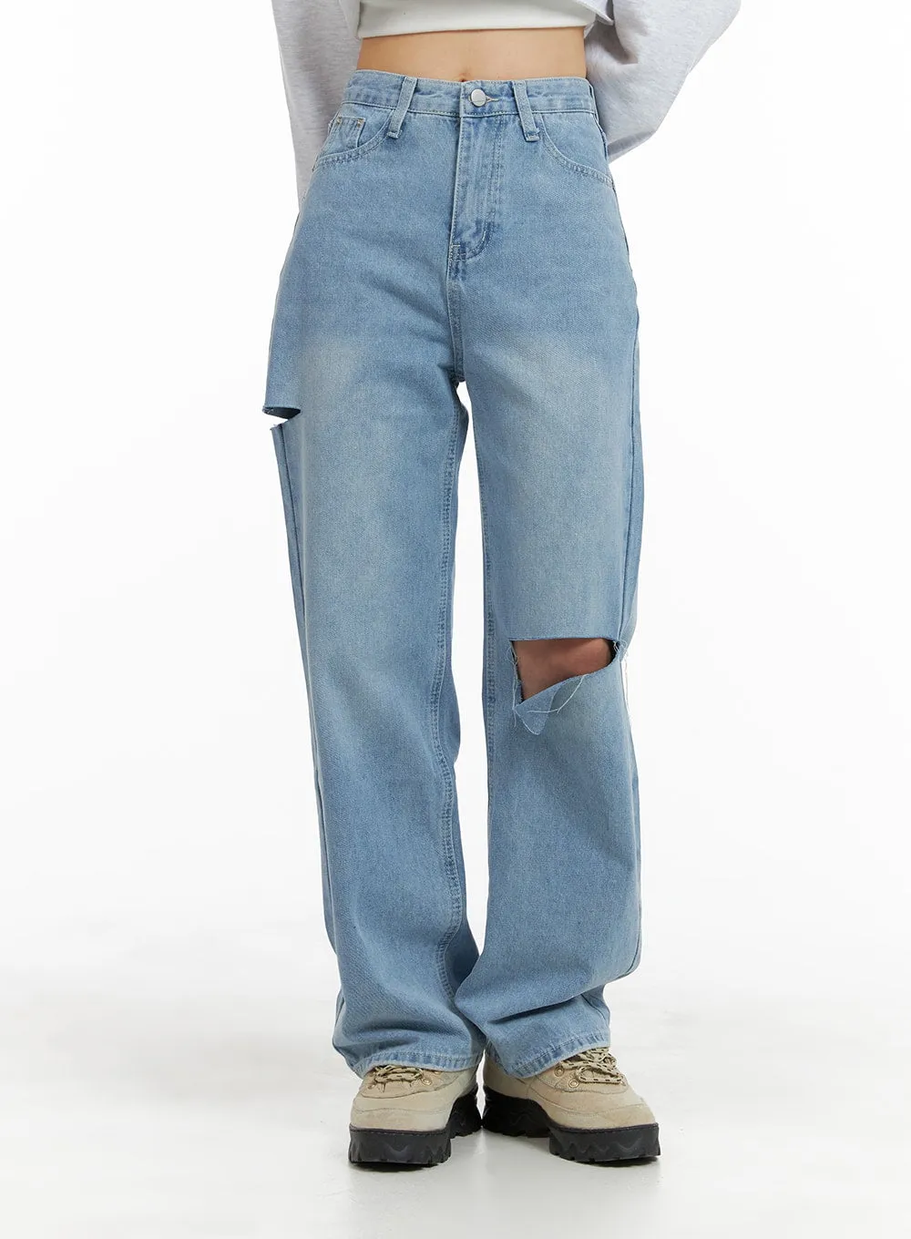 Cut Out Washed Straight Jeans OM421 sold by Lewkin product image thumbnail 2