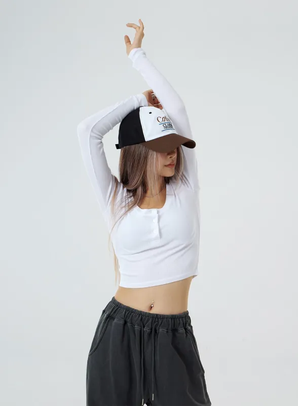 Button U-Neck Crop Long Sleeve T-Shirt CS02 sold by Lewkin