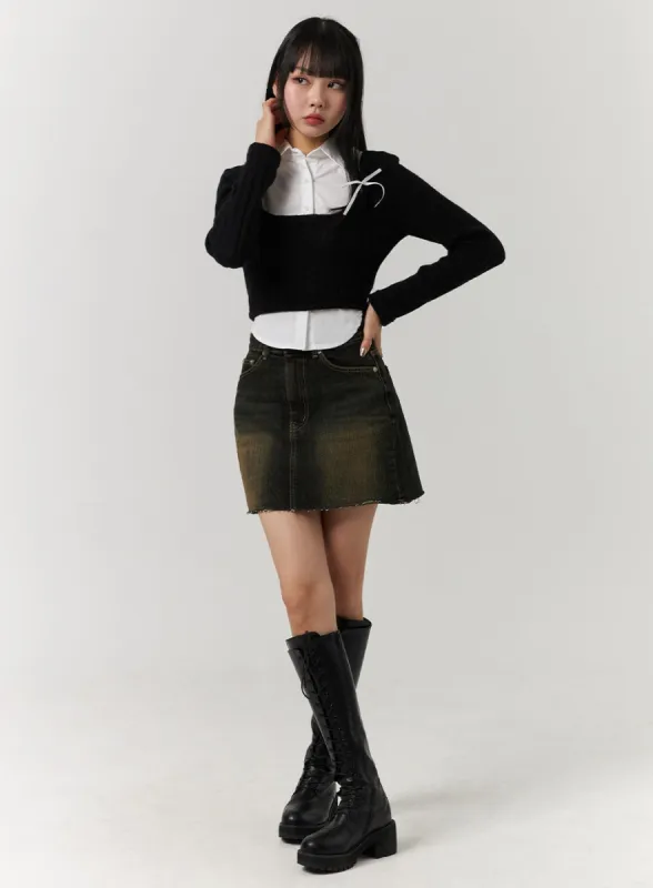 Washed Denim Mini Skirt CJ404 sold by Lewkin